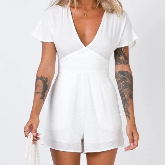 Princess Polly Pants - Princess Polly White Cotton Blend Davis Romper 4